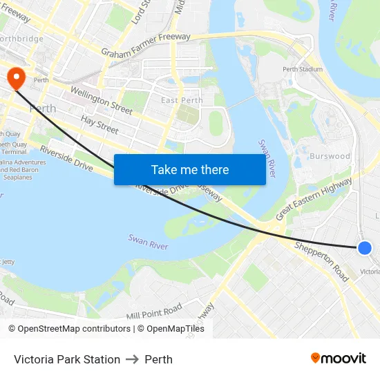 Victoria Park Station to Perth map