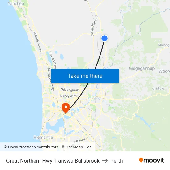 Great Northern Hwy Transwa Bullsbrook to Perth map