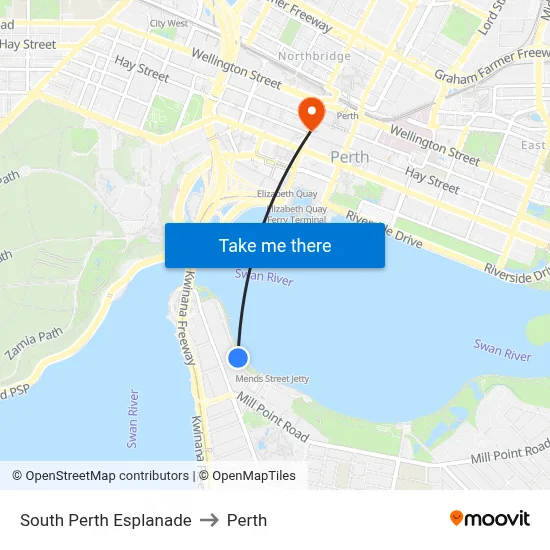 South Perth Esplanade to Perth map