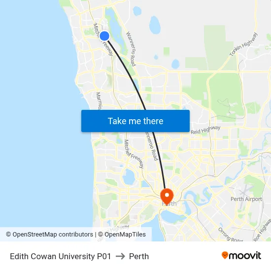 Edith Cowan University P01 to Perth map