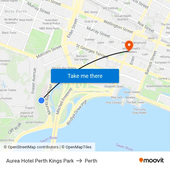 Aurea Hotel Perth Kings Park to Perth map