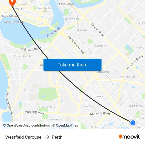 Westfield Carousel to Perth map