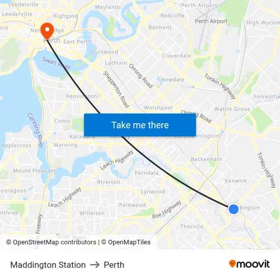 Maddington Station to Perth map