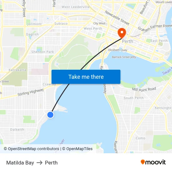 Matilda Bay to Perth map