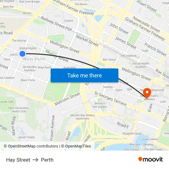 Hay Street to Perth map