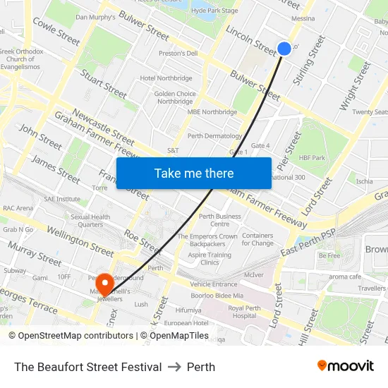 The Beaufort Street Festival to Perth map