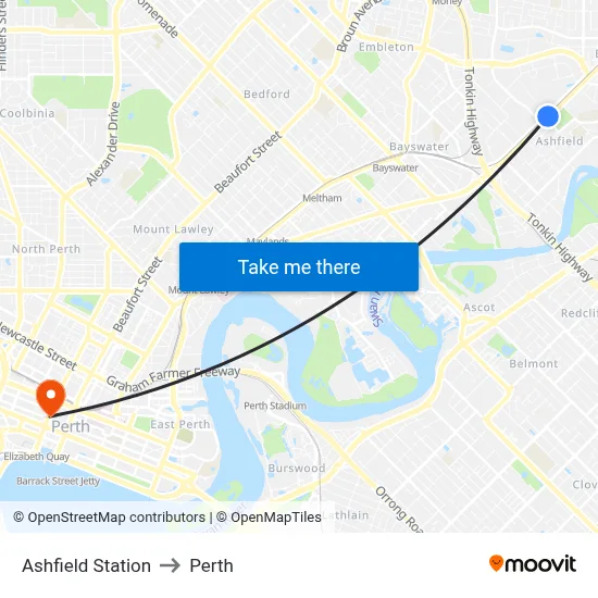 Ashfield Station to Perth map