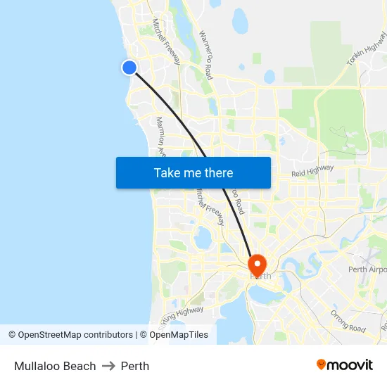 Mullaloo Beach to Perth map