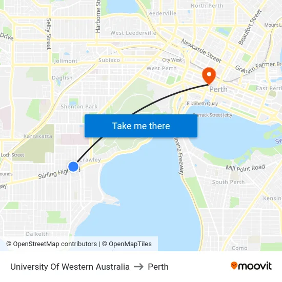 University Of Western Australia to Perth map