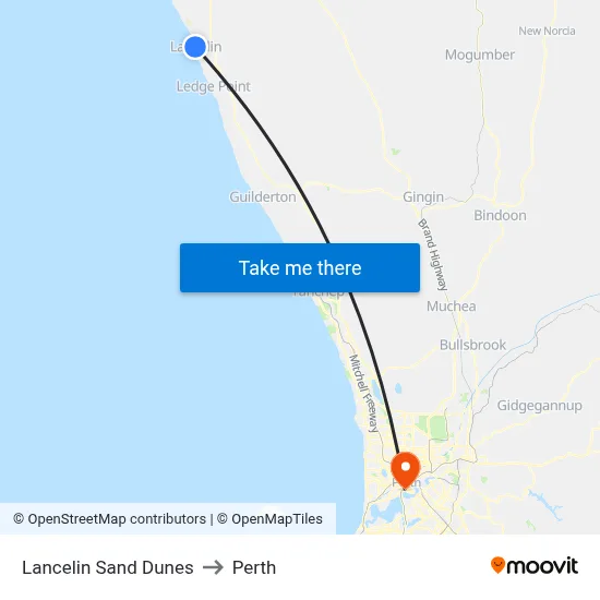 Lancelin Sand Dunes to Perth map