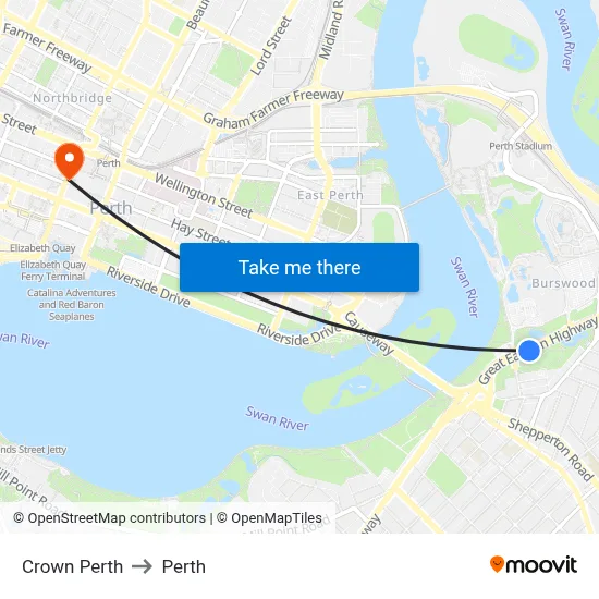 Crown Perth to Perth map