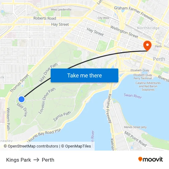 Kings Park to Perth map