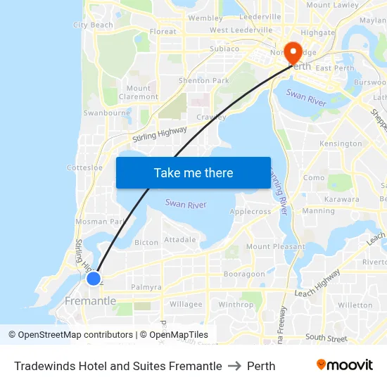 Tradewinds Hotel and Suites Fremantle to Perth map