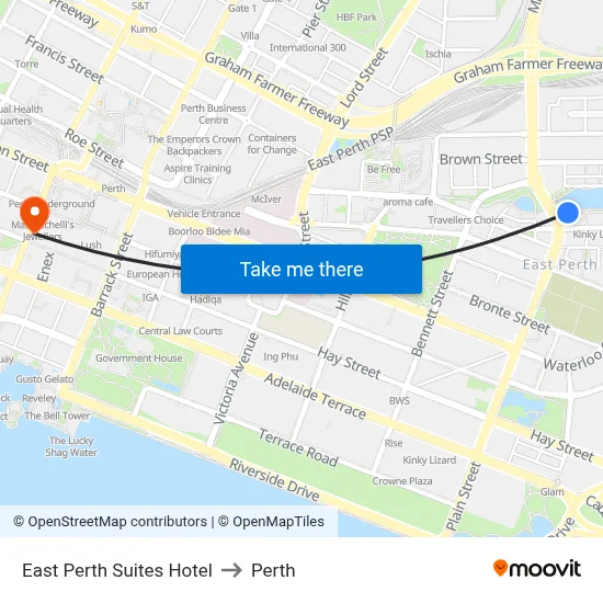 East Perth Suites Hotel to Perth map