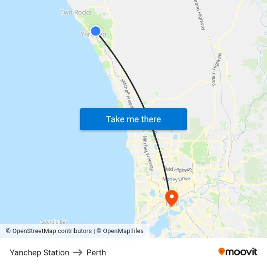 Yanchep Station to Perth map