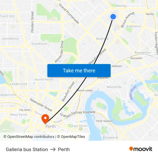 Galleria bus Station to Perth map