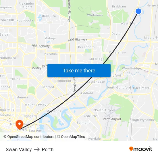 Swan Valley to Perth map