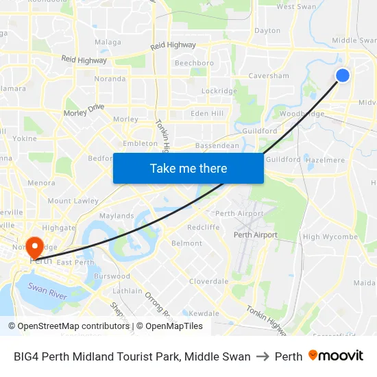 BIG4 Perth Midland Tourist Park, Middle Swan to Perth map
