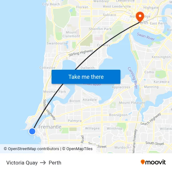 Victoria Quay to Perth map