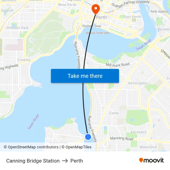 Canning Bridge Station to Perth map