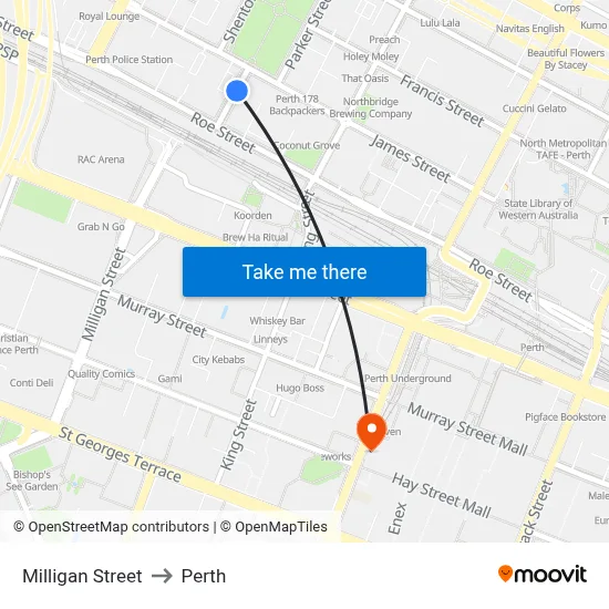 Milligan Street to Perth map