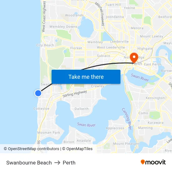 Swanbourne Beach to Perth map