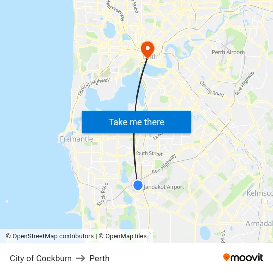City of Cockburn to Perth map