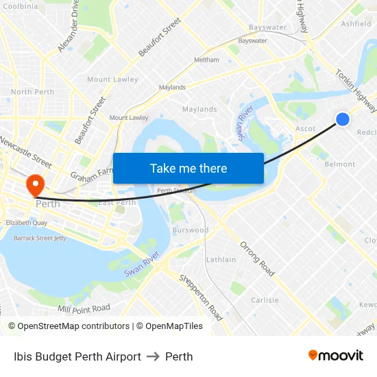 Ibis Budget Perth Airport to Perth map