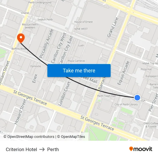 Criterion Hotel to Perth map