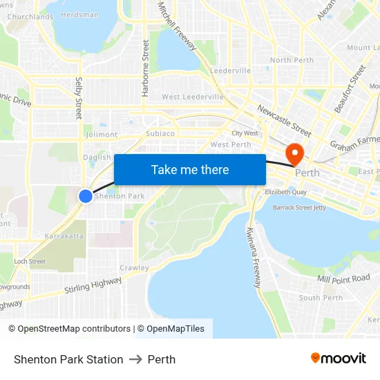 Shenton Park Station to Perth map