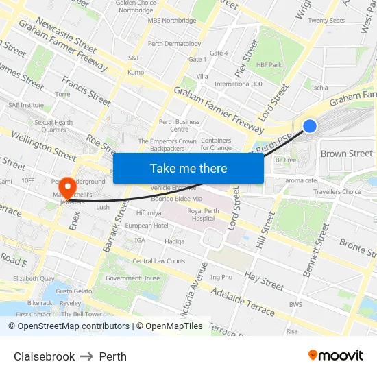 Claisebrook to Perth map