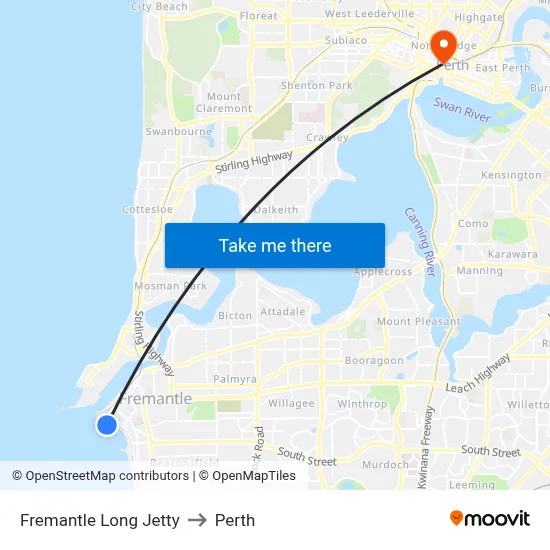 Fremantle Long Jetty to Perth map