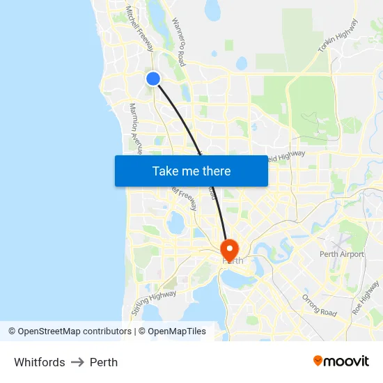 Whitfords to Perth map