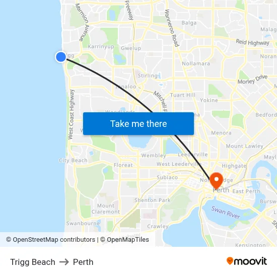 Trigg Beach to Perth map