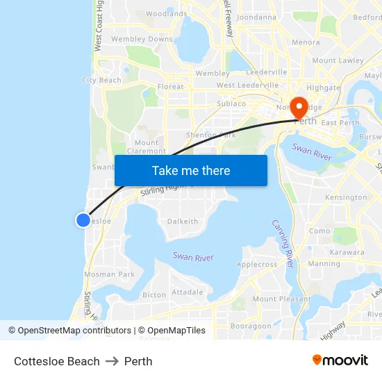 Cottesloe Beach to Perth map
