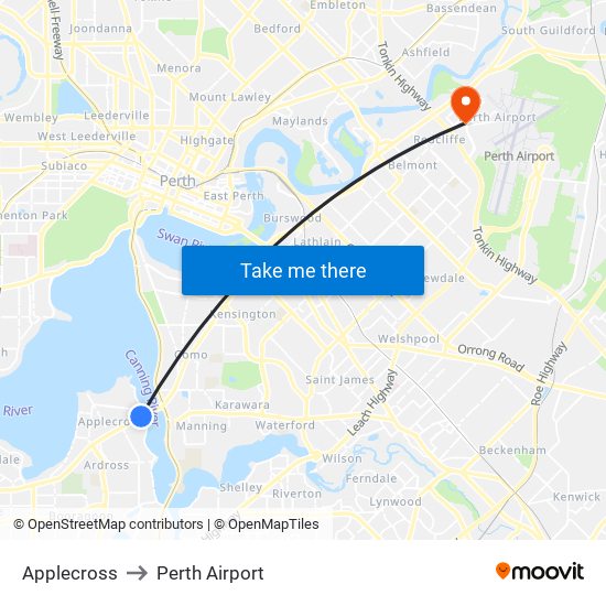 Applecross to Perth Airport map
