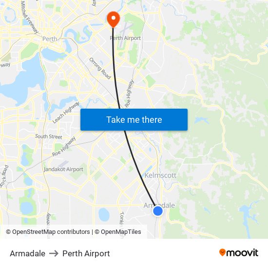 Armadale to Perth Airport map