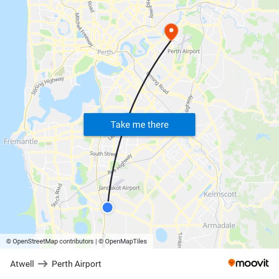 Atwell to Perth Airport map