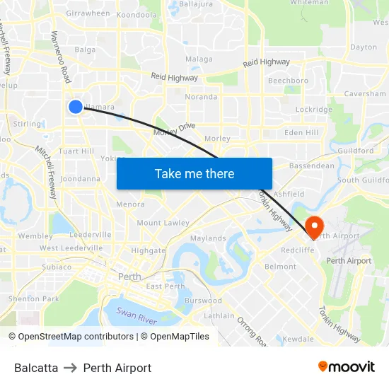 Balcatta to Perth Airport map
