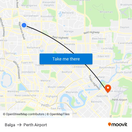 Balga to Perth Airport map