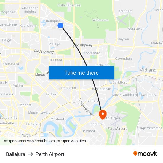 Ballajura to Perth Airport map