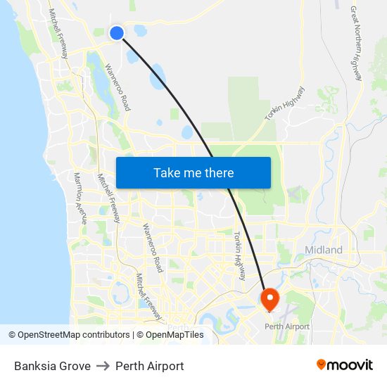 Banksia Grove to Perth Airport map