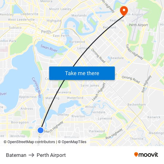 Bateman to Perth Airport map