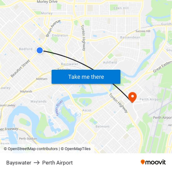 Bayswater to Perth Airport map