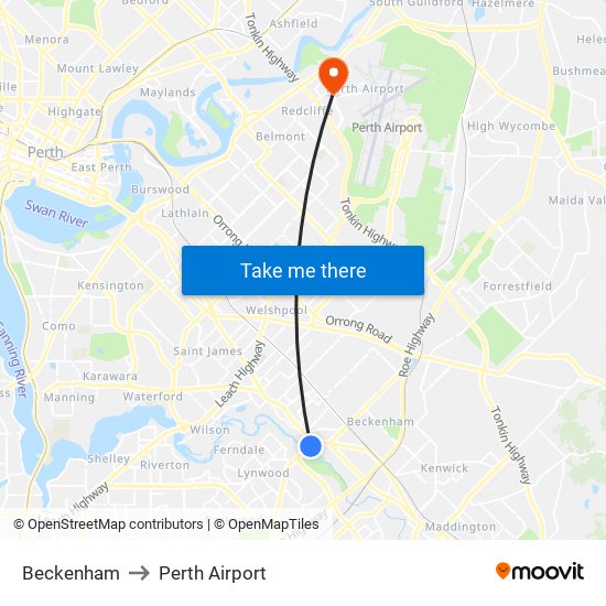 Beckenham to Perth Airport map