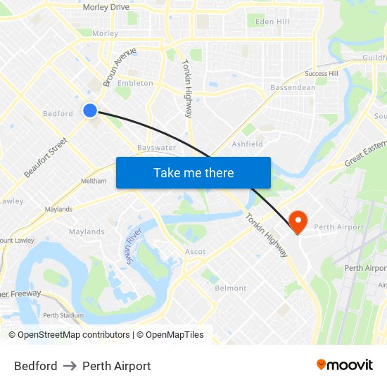 Bedford to Perth Airport map