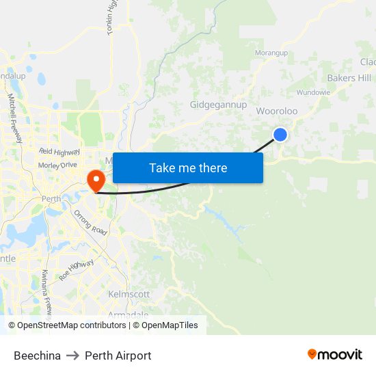 Beechina to Perth Airport map