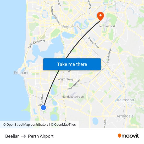 Beeliar to Perth Airport map