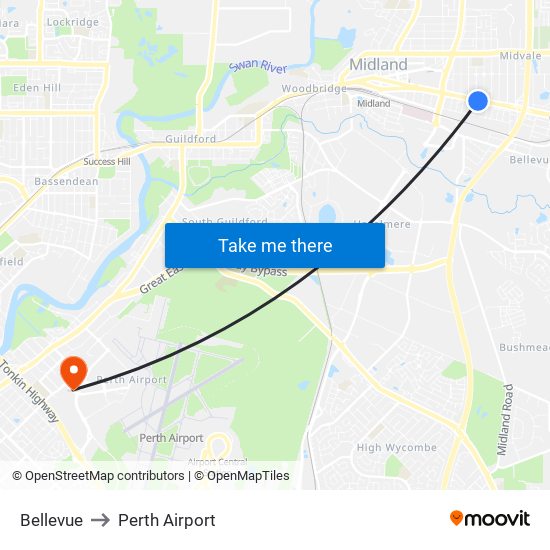 Bellevue to Perth Airport map