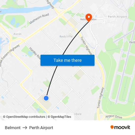 Belmont to Perth Airport map